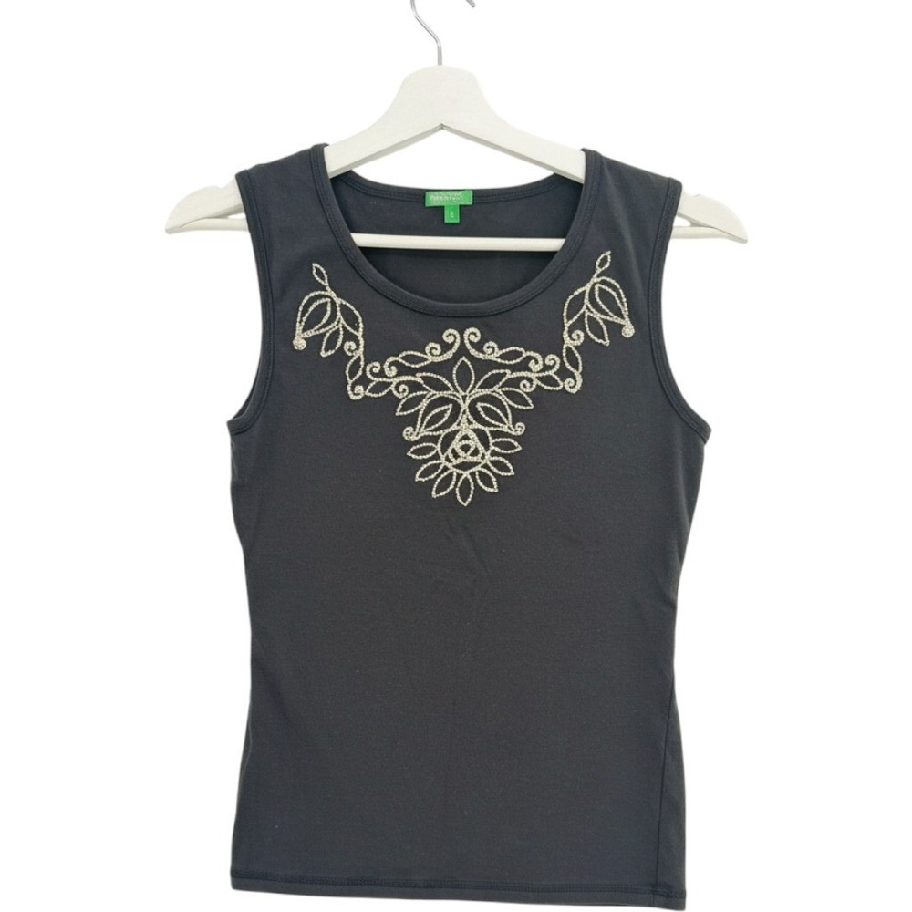 United Colors of Benetton Tank Top Womens L Black Beaded Floral Scoop Neck Top